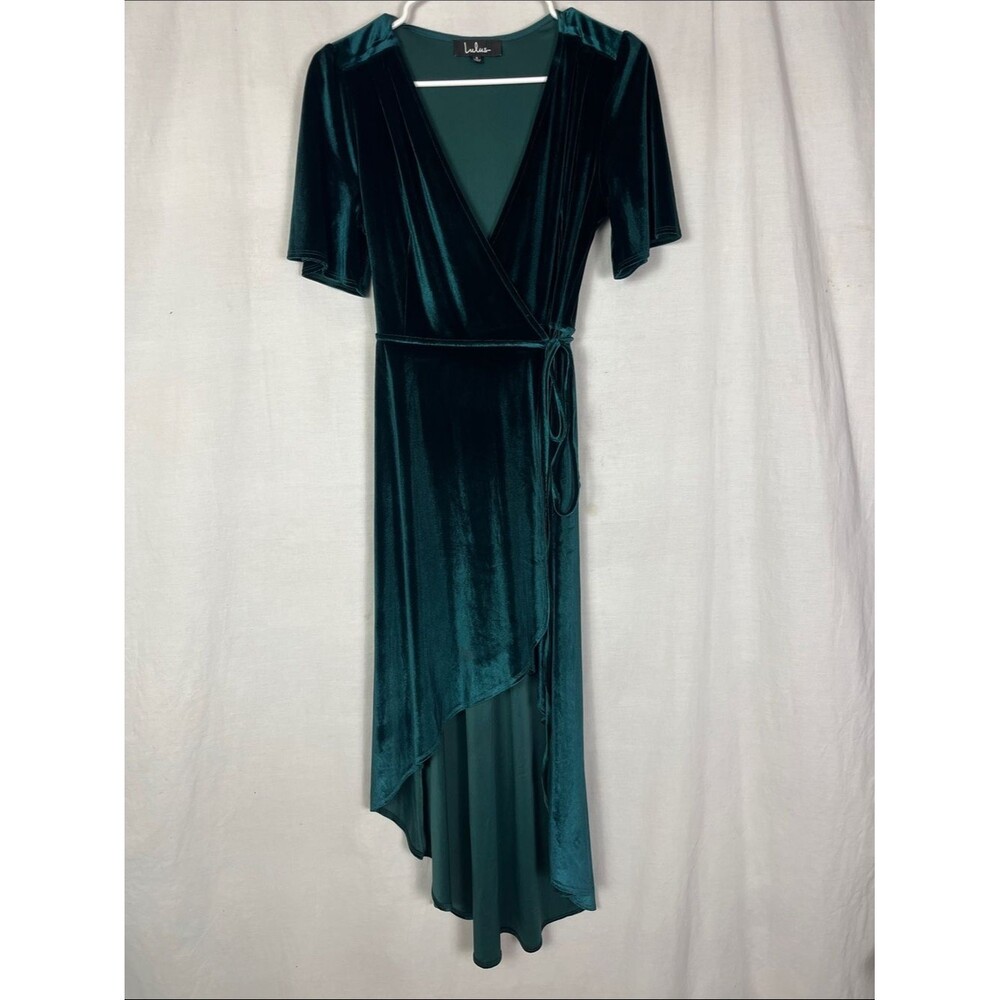 Lulus Green Velvet Short Sleeve High Low Wrap Dress